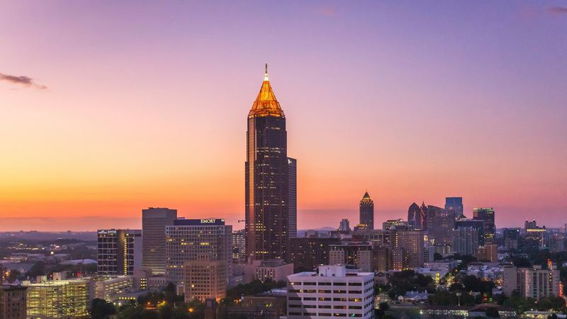 The Atlanta, Georgia skyline at sunset