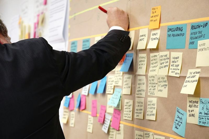 Manager mapping territory opportunities across a market planning wall